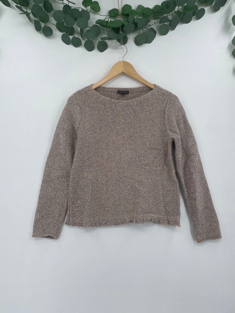 Eileen Fisher Neutral Marled Knit Sweater Bateau Neckline Fringe Hem Med